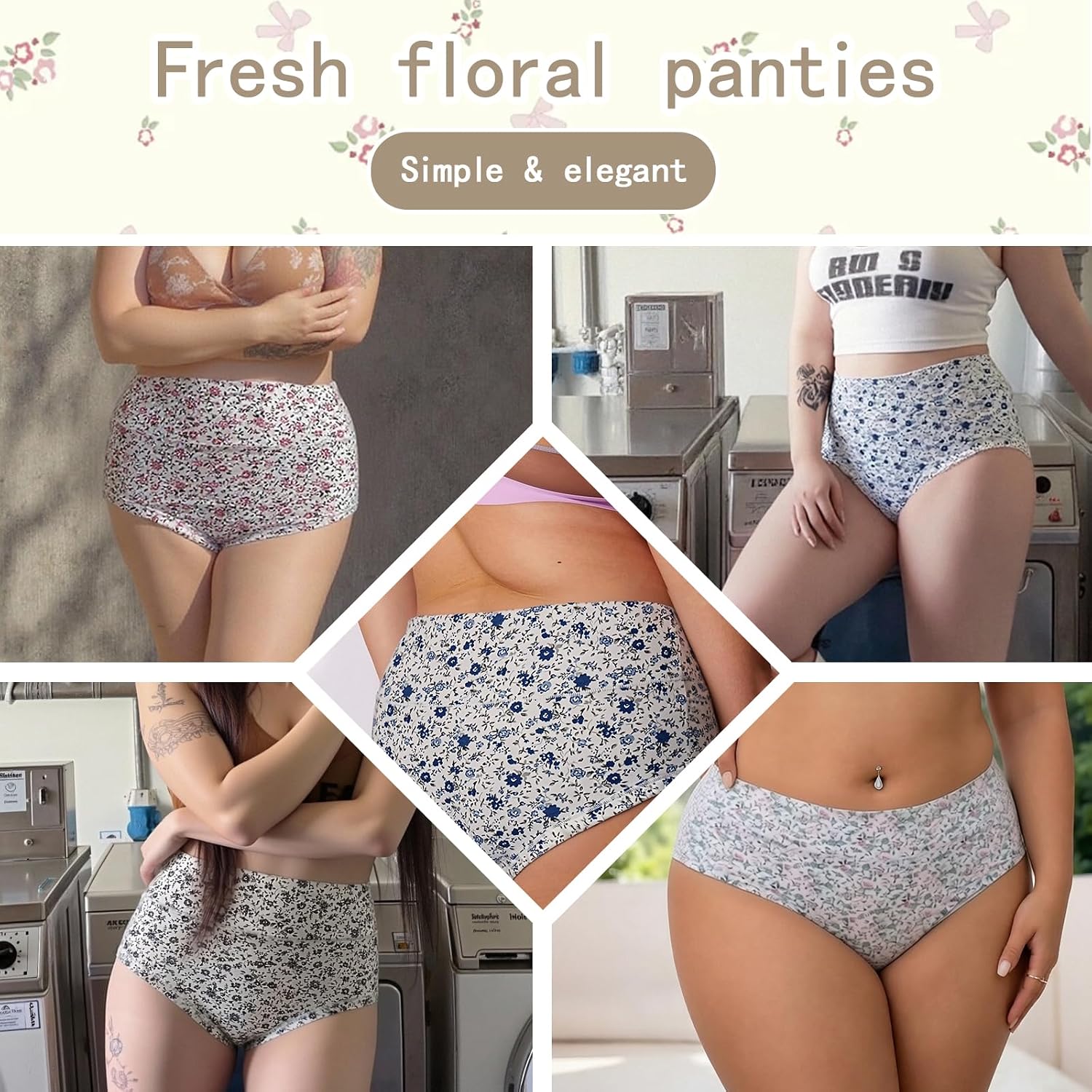 6 Pack Plus Size Women's High Waisted Briefs - Milk Fiber Underwear with Ditsy Floral Print, Soft Stretch Panties for Ladies