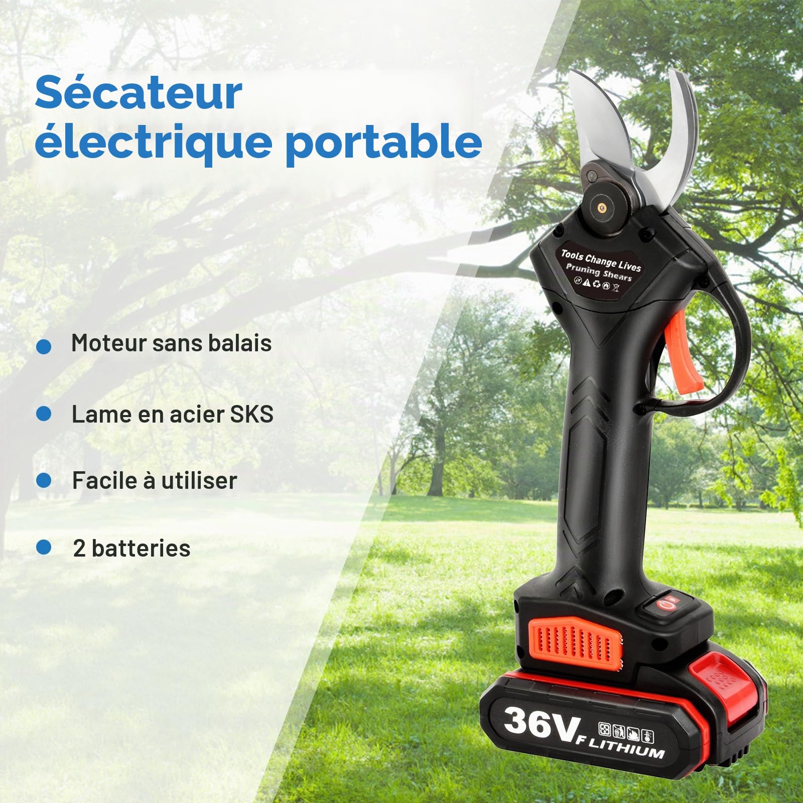 sécateur électrique sans balais, 30 mm Sécateur électrique avec 2 batteries de 36V 2.0Ah, lames en SK5, diamètre de coupe de 20-30mm pour Le Jardinage, Les Arbres fruitiers