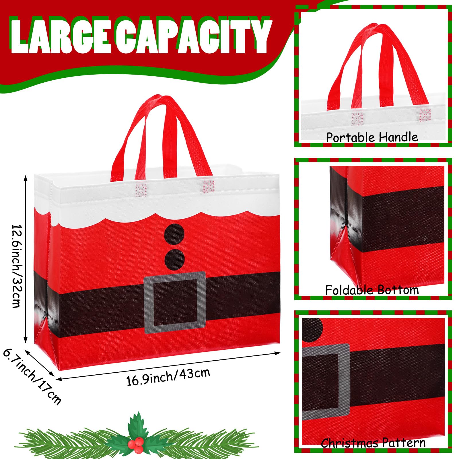 Hosuly 16 bolsas de regalo de Navidad, bolsas de Navidad con asa, bolsas de compras reutilizables grandes, no tejidas, bolsas de compras para regalos de Navidad, suministros de fiesta, 16.9 x 12.6 x