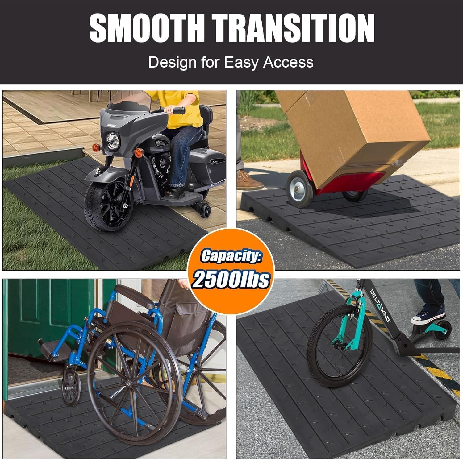 3" Rise Rubber Threshold Ramp, 3 Channels Cord Cover Portable Anti-Slip Wheelchair Ramp, Angled Entry 2500LBS Weight Capacity, Rubber Curb Ramp for Wheelchairs Doorways Stairs Home