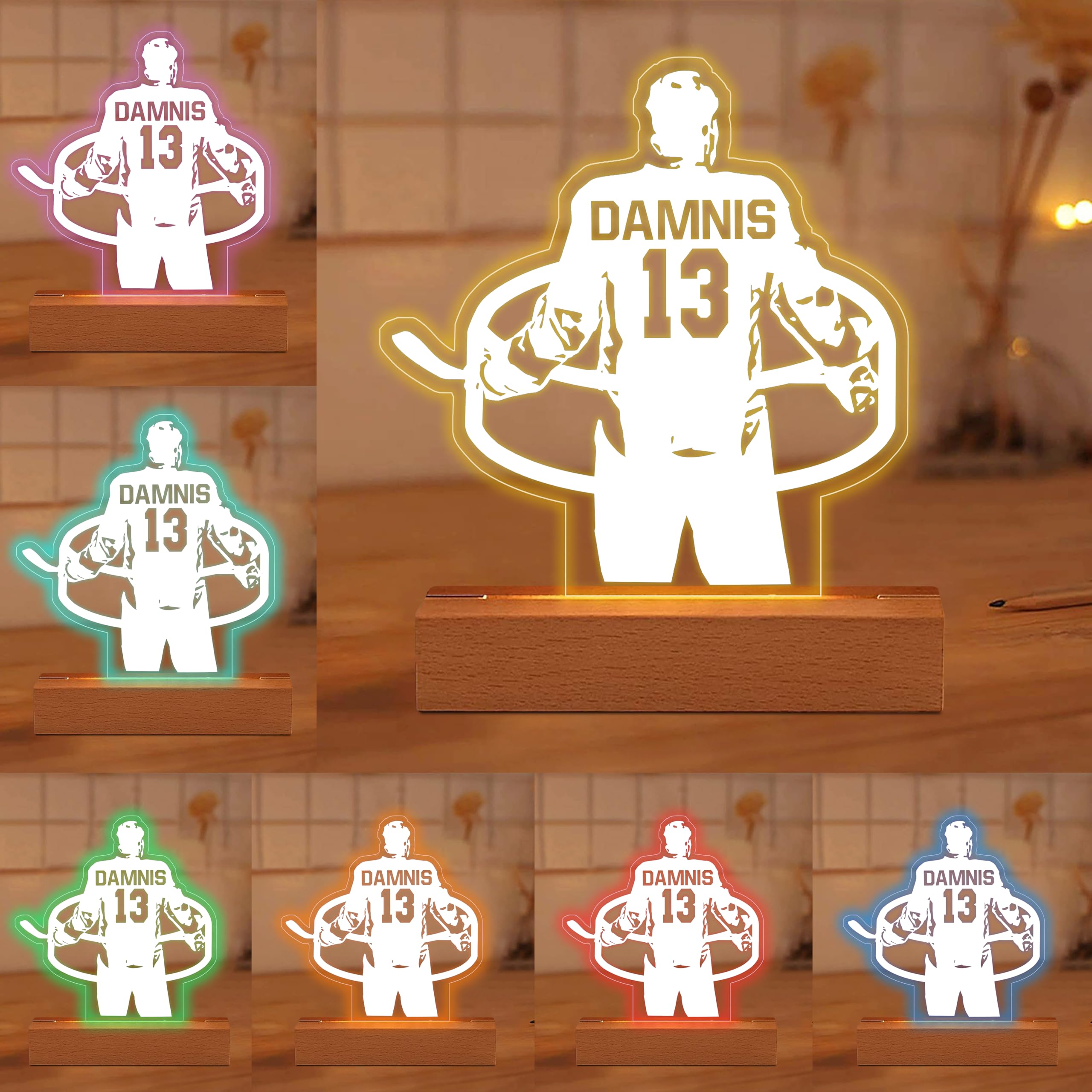 Ozinna Personalized Hockey Night Light,Custom Ice Hockey Player Name & Number LED Desk Table Lamp,Christmas Birthday Gifts for Men Teens Kids Boys Bedroom Decor
