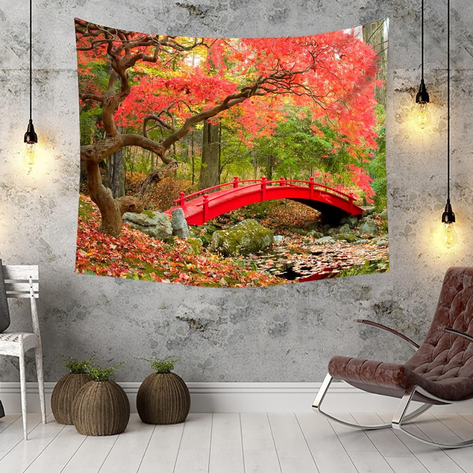 Homxi Tapestry Room Decor 200 x 200 cm, krajobraz z motywem lasu i mostu, dekoracja ścienna, poliester, czerwony, zielony, brązowy