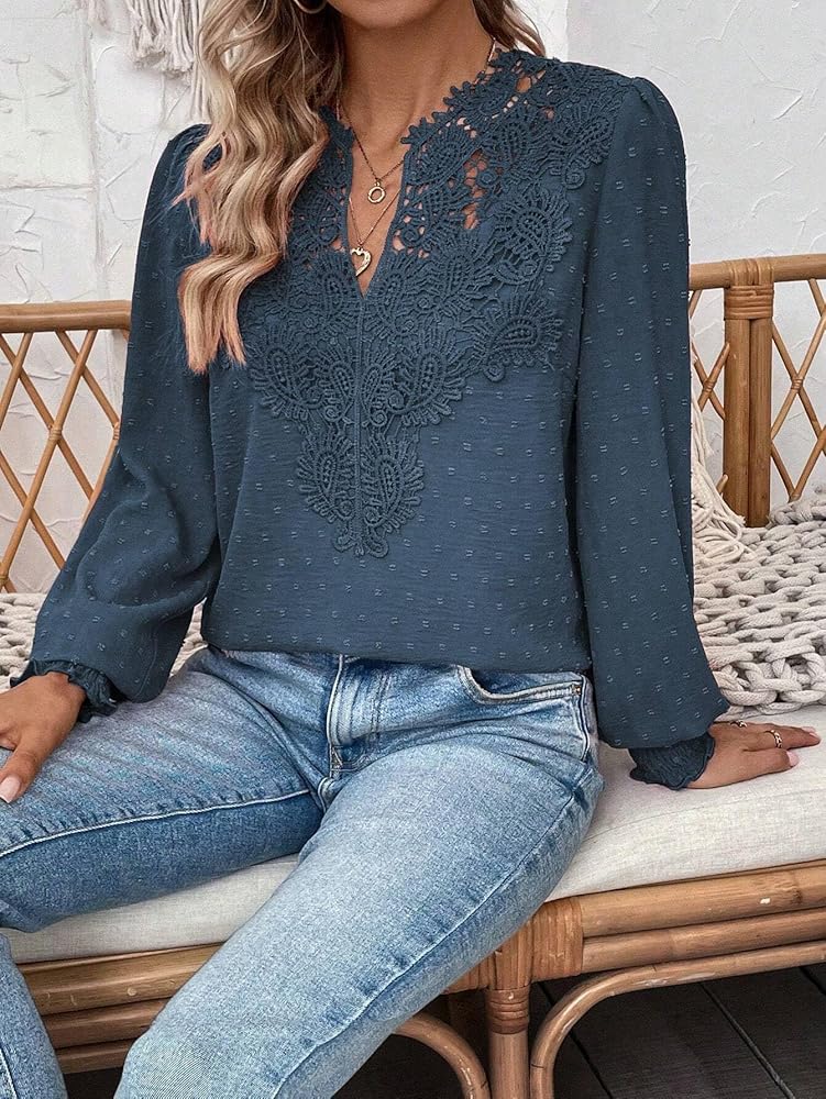 Womens Contrast Guipure Lace Notched Neckline Long Sleeve Blouse