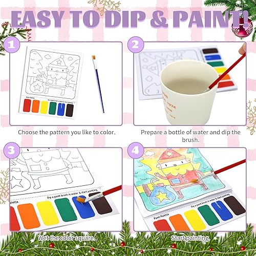 Miniatura 3 de VKPI Libros de actividades para colorear al agua, libros de pintura de acuarela de Navidad para niños, 12 hojas de dibujo sin desorden, con 2
