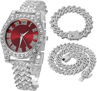 Halukakah 다이아몬드 시계 아이스 아웃 남아 청소년용 - 18K 리얼 골드/플래티넘 도금 - 36mm 그린/블루/레드 다이얼 - 20.3cm(8인치) 길이 - 쿠바 링크 체인 옵션, 시계 조절 도구 포함 - 골드포일 선물 상자
