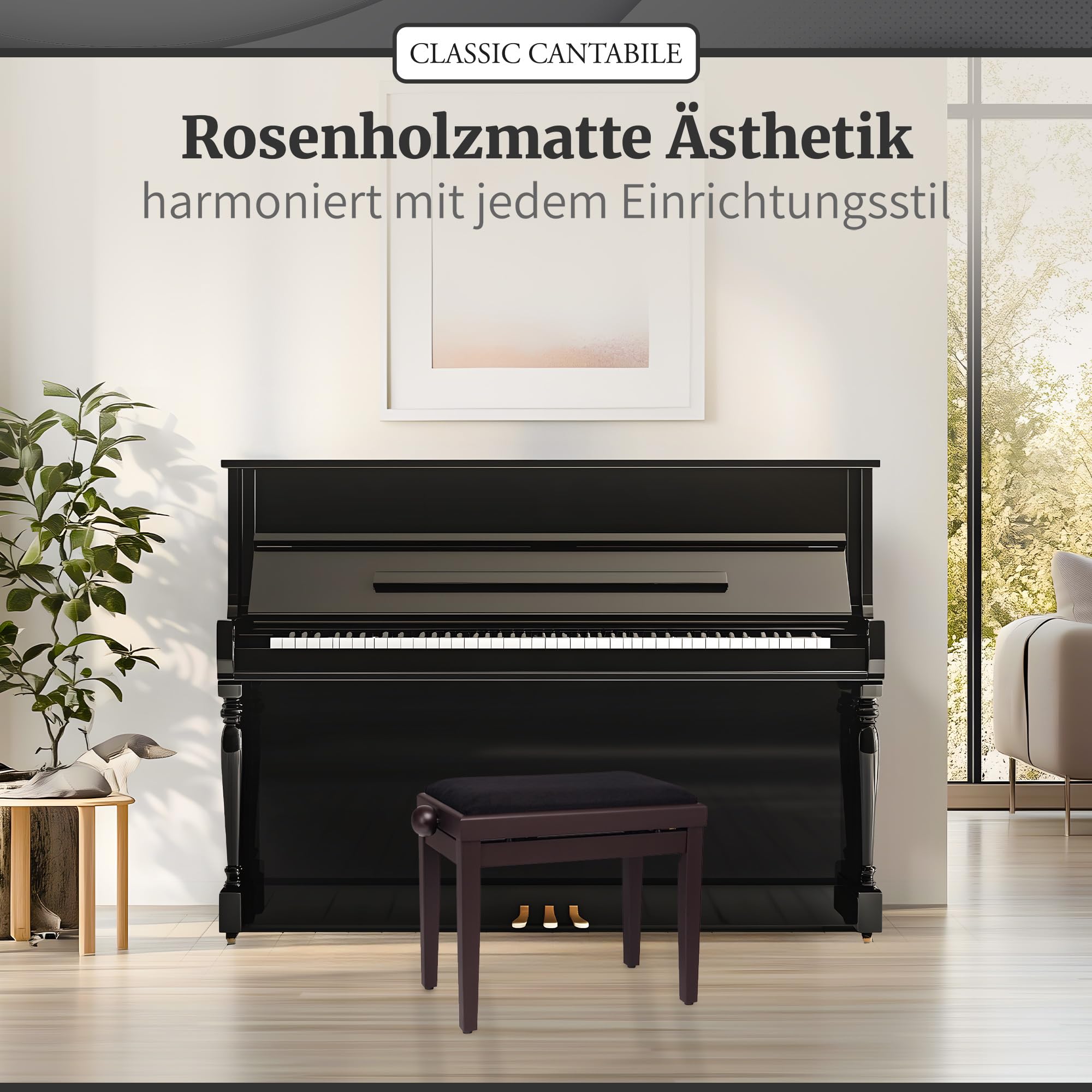 Classic Cantabile Pianobank Rosenholz-matt (höhenverstellbar von 47-56cm, Spindelmechanik, Sitzfläche 55 x 32cm, schwarzer Velourbezug, stabil)