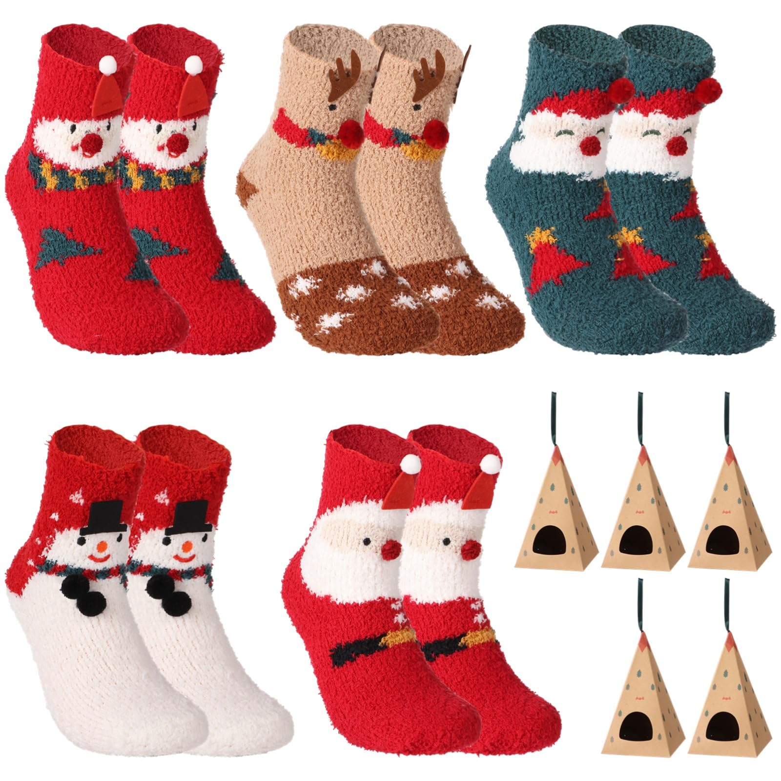 5 Paar Weihnachtssocken mit 5 Geschenkboxen, dicke flauschige Coral Fleece Wintersocken, bunte Cartoon Mid Calf Socken, bequemes Geschenk für Familie, Freunde und Kollegen, für festliche Tage
