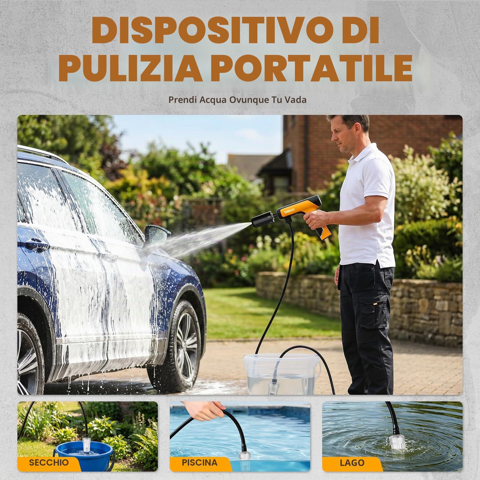 DEKO Idropulitrice a Batteria Portatile 7.4V: 130PSI 2000ml/min, 5 Modalità Spruzzo, Pistola Idropulitrice per Lavaggio Auto, Giardino, Campeggio, Pavimenti e Animali Domestici