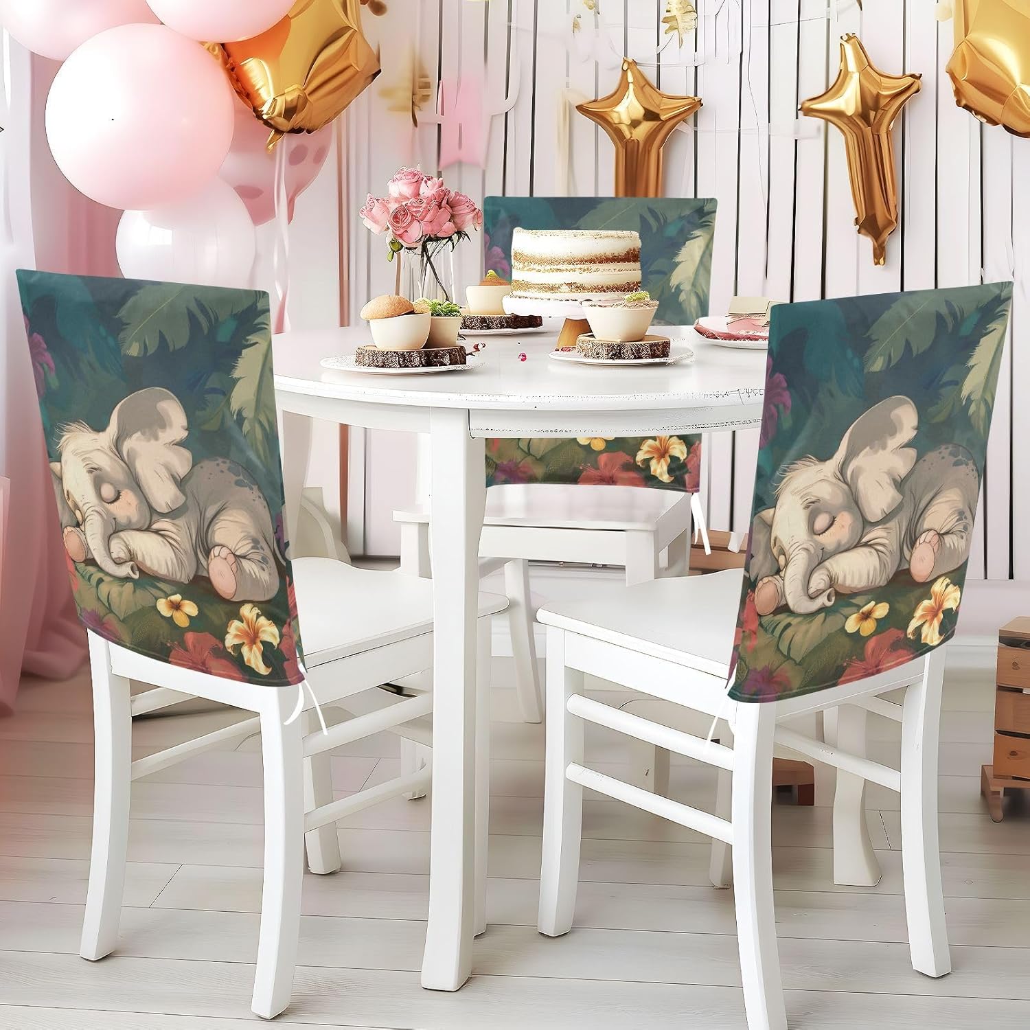 ALAZA Cute Sleeping Elephant Flowers Chair Back Cover Set of 6, Washable Reusable Removable Chair Slipcovers Decorative Chair Cover for Home Kitchen Wedding Party