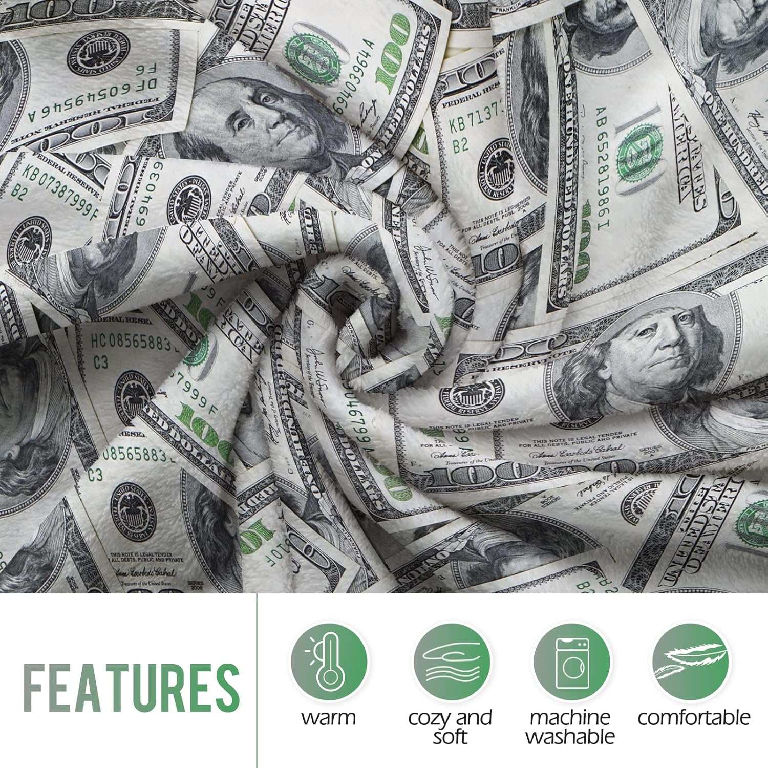 Levens Money Blanket Gifts for Women Girls Men, 100 Dollar Bill Money Print Decoration for Home Bedroom Living Room Couch, Soft Warm Cozy Lightweight Throw Plush Blankets Grey Twin 60"x80"