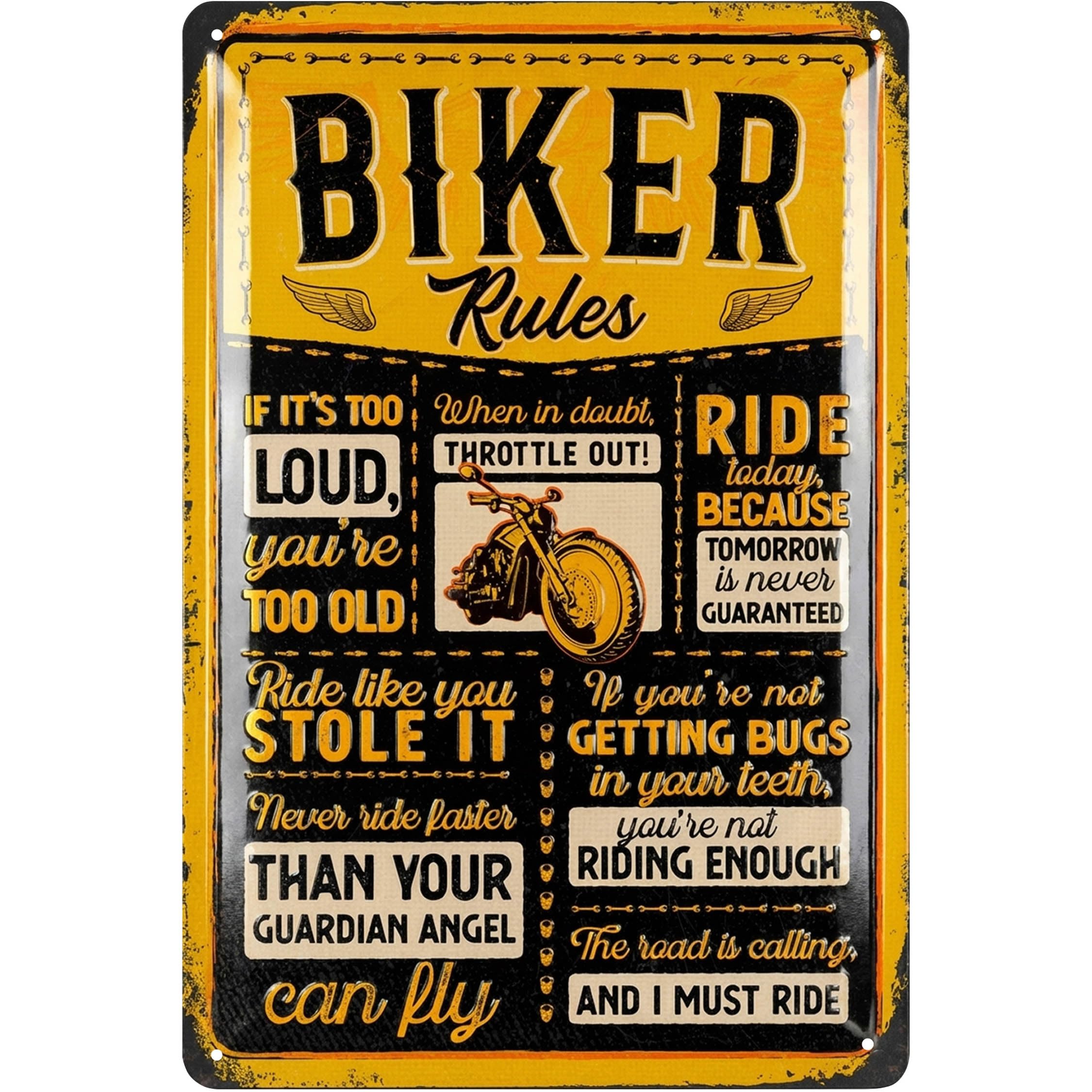 LANOLU Vintage Tin Sign - Biker Rules, Motorcycle Wall Decor, Vintage Metal Art, motorcycle metal sign for garage - 12x8"