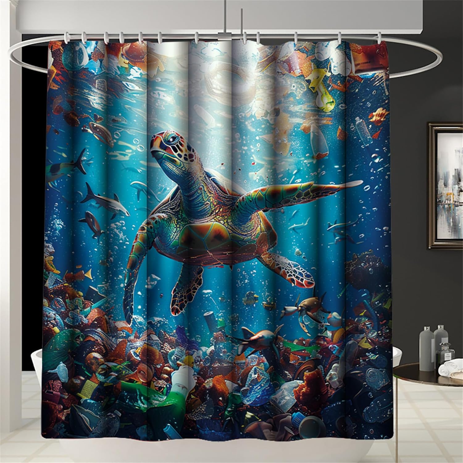 Colorful Sea Turtle Bathroom Set - Sea Turtle 4 Piece Rugs and Shower Curtain Turtle Coral Bathroom Shower Curtain and Rugs Colorful Bathroom Sets with Shower Curtain with 12 Hooks, 70" x 70"