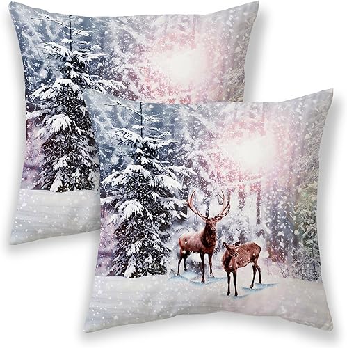 AGAYNA Juego de 2 fundas de almohada de invierno de 18 x 18 pulgadas, diseño de copos de nieve blancos, decoración de ciervos, para sofá, árbol, AGAYNA Juego de 2 fundas de almohada de invierno de 18 x 18 pulgadas, diseño de copos de nieve blancos, decoración de ciervos, para sofá, árbol,