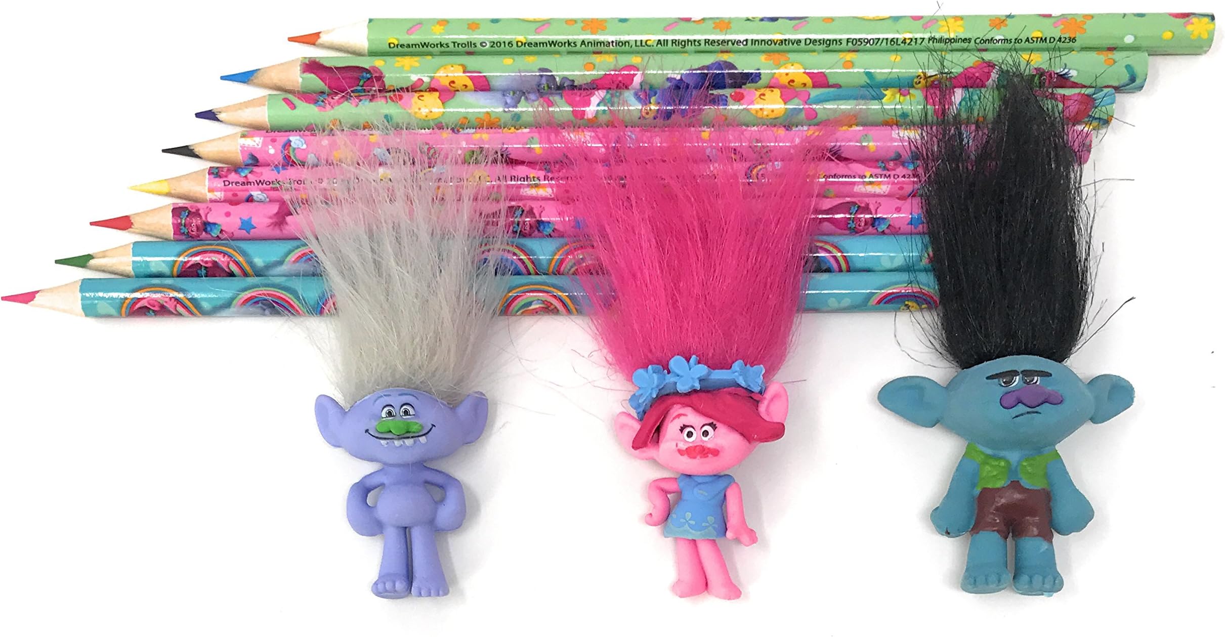 Trolls School Bundle of (3) 2 Erasers and (1) Package of 8 Colored Pencils - Poppy, Branch and Guy Diamond Troll Eraser