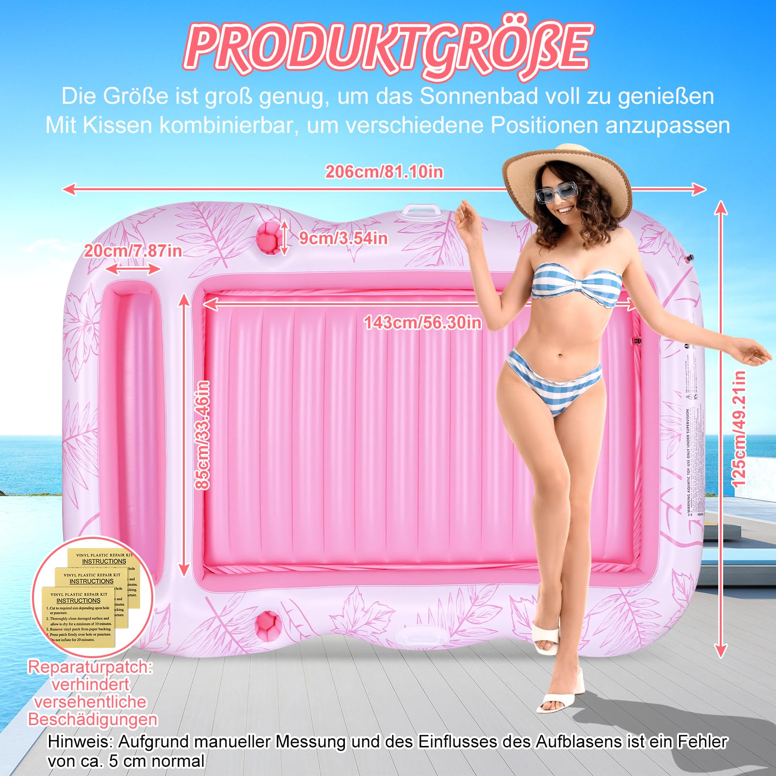 Charmofun Aufblasbarer Luftmatratze Pool, Inflatable Tanning Pool mit Tassenhalter, Pool Lounge aufblasbare Liege, Aufblasbare Sonnenpool Wasserhängematte für Erwachsene und Kinder (Rosa)