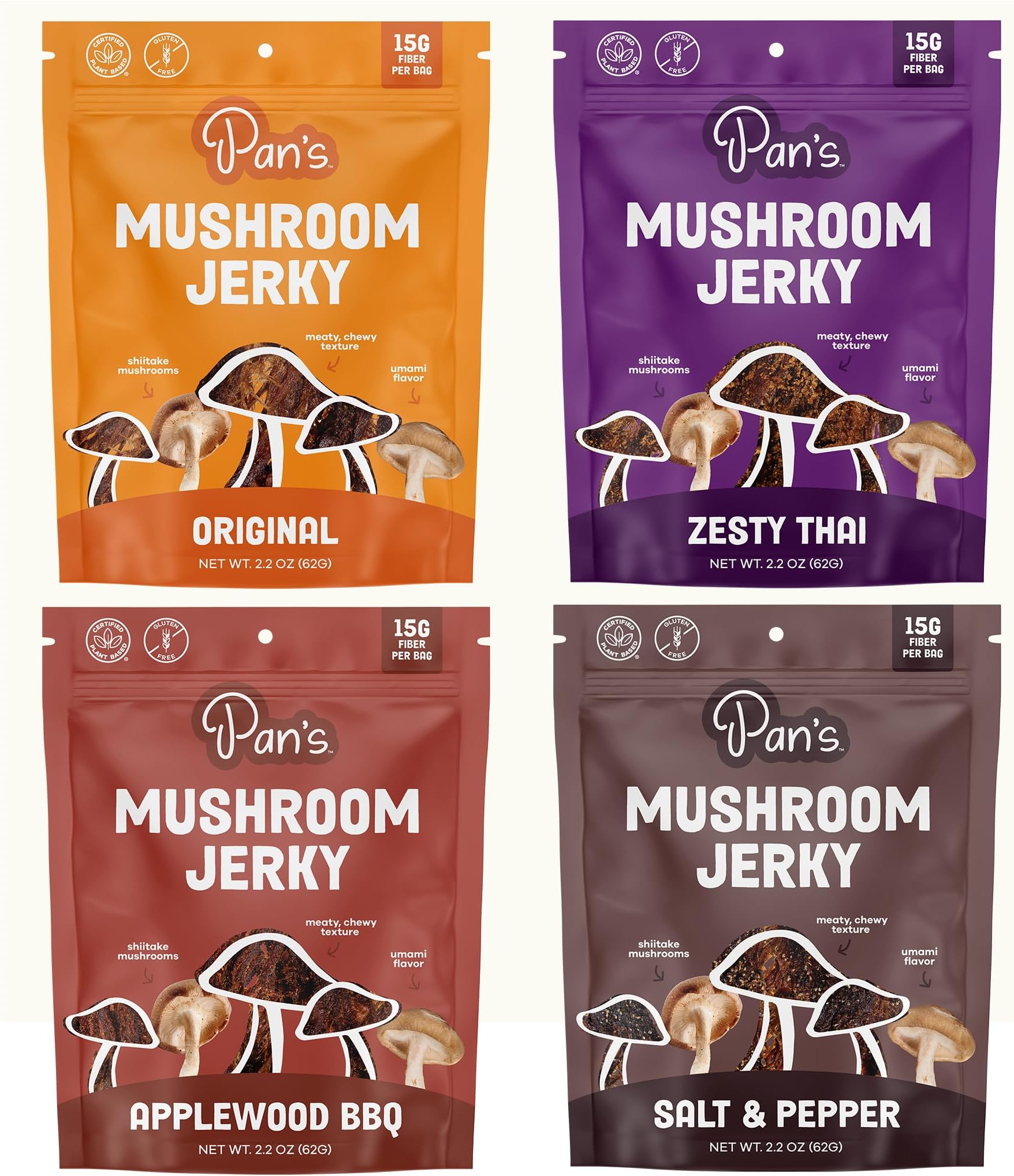 Pan's Mushroom Jerky, Organic, Vegan Snacks, Mushrooms Shitake, Meatless Jerky, Gluten Free, High in Fiber, Variety pack of Original, Zesty Thai, Salt & Pepper, BBQ (2.2 Ounce, Pack of 4)