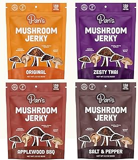 Pan's Mushroom Jerky, Organic, Vegan Snacks, Mushrooms Shitake, Meatless Jerky, Gluten Free, High in Fiber, Variety pack of Original, Zesty Thai, Salt & Pepper, BBQ (2.2 Ounce, Pack of 4)