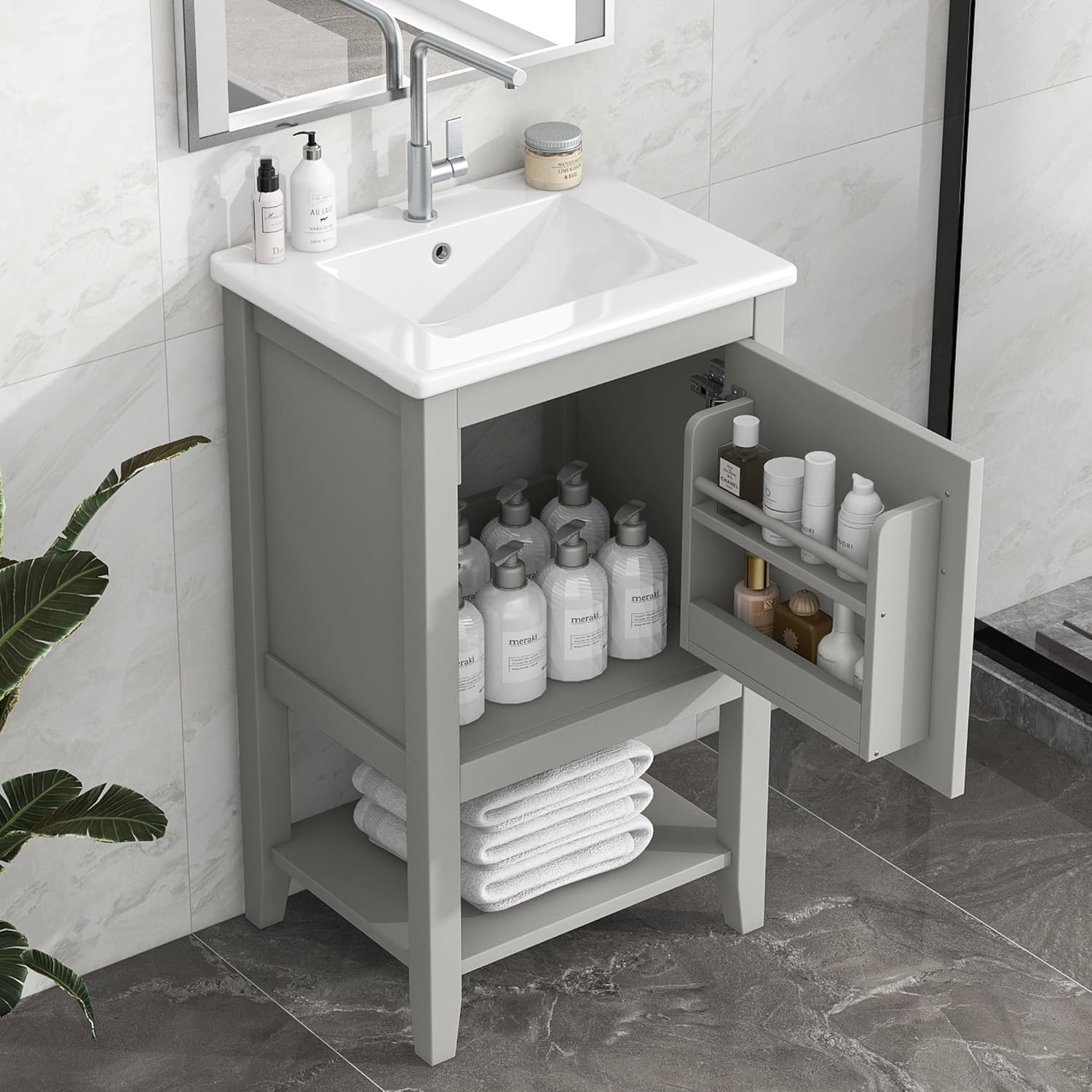 Linique 20" Bathroom Vanity with Ceramic Sink Top/Open Bottom Shelf/Soft Closing Door w/Two-Tier Storage Rack,Bathroom Cabinet with Gold Handles and Solid Wood Legs,Grey