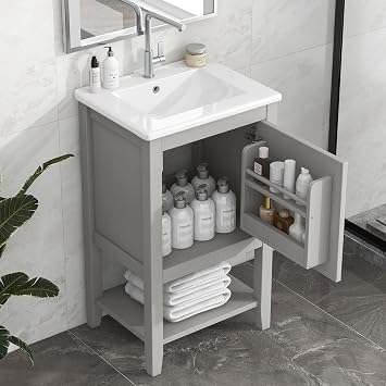 P PURLOVE 20 Inch Small Bathroom Vanity with Sink,Freestanding Narrow Bathroom Vanities Set,Wood Bathroom Cabinet with Storage Rack and Open Shelf