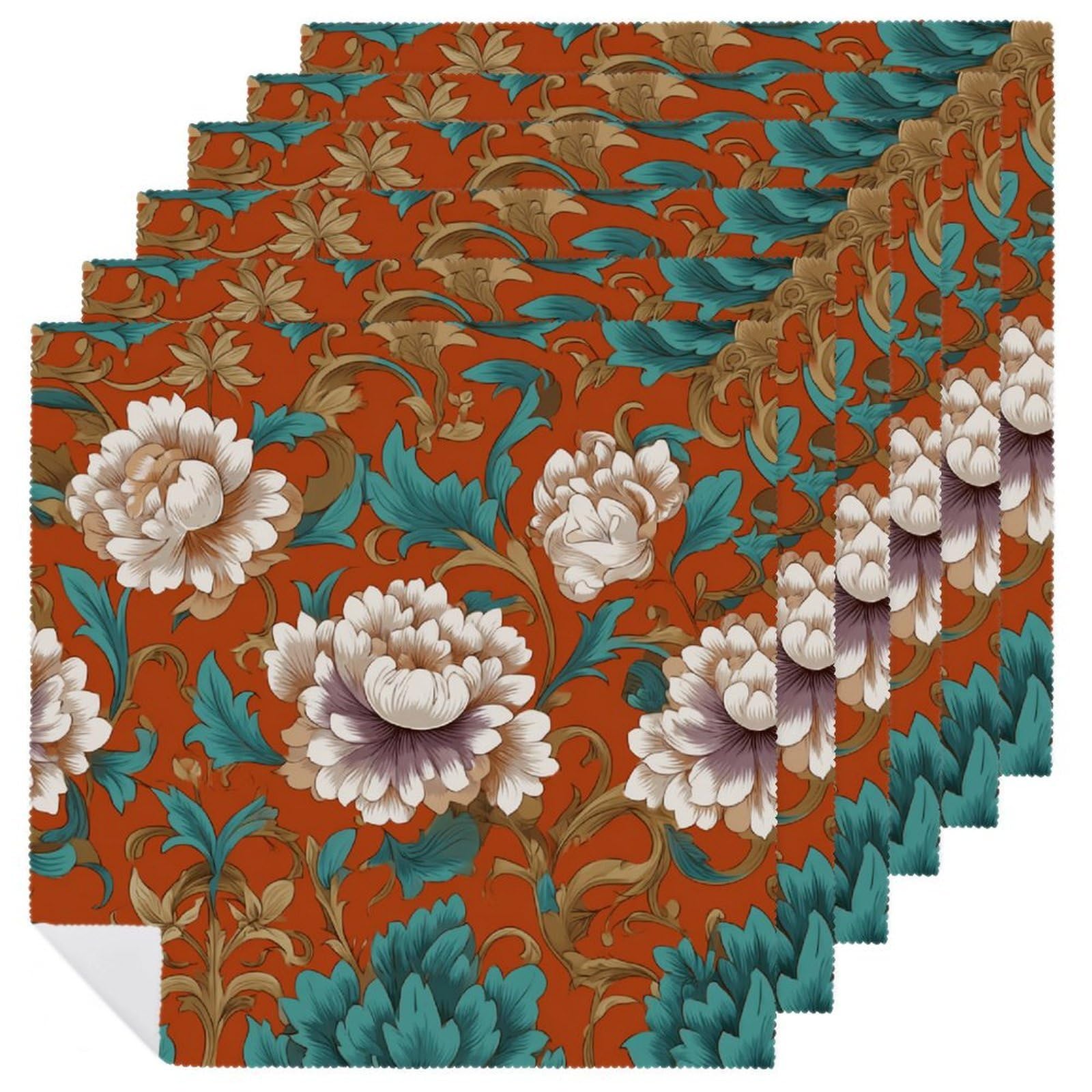 Florals And Scrollwork Botanical Motifs Cloth Napkins Set of 6, Square Premium Reusable Washable Polyester Table Linen Napkin for Dinner Party