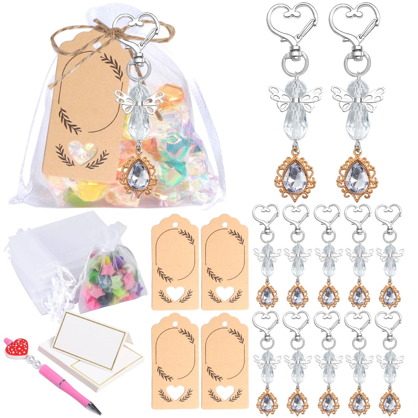 Buxuaaaa 30Pieces Angelic Wing Pendant Keychains for Baptisms and Wedding Supplie with Thank You Card and Drawstring Organza Bags Organza Bags