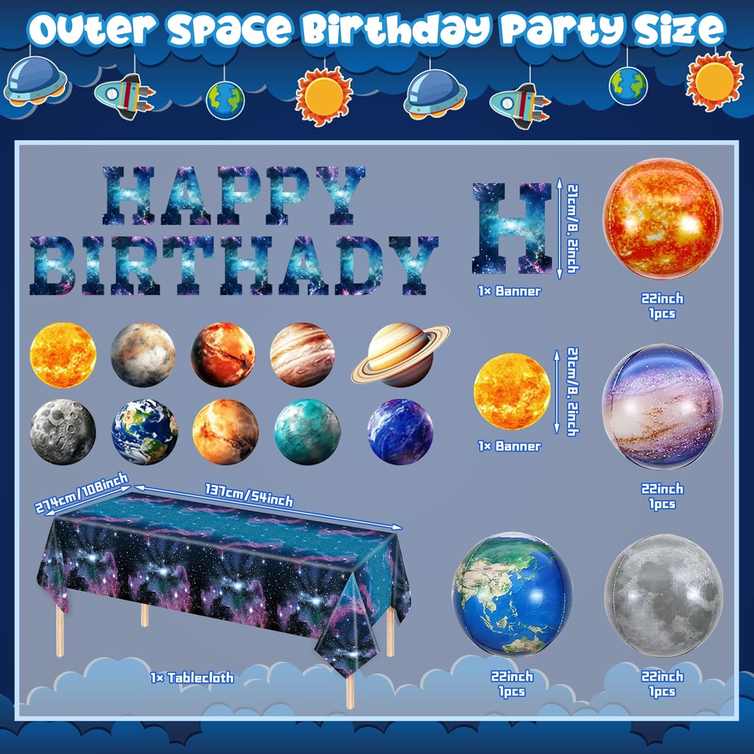 182pcs Outer Space Birthday Party Supplies Space Party Plates Napkins Disposable Cups Tableware Set Tablecloth Banner and Balloons Boys Space Solar System Birthday Party Decorations 24 Serve - Image 3