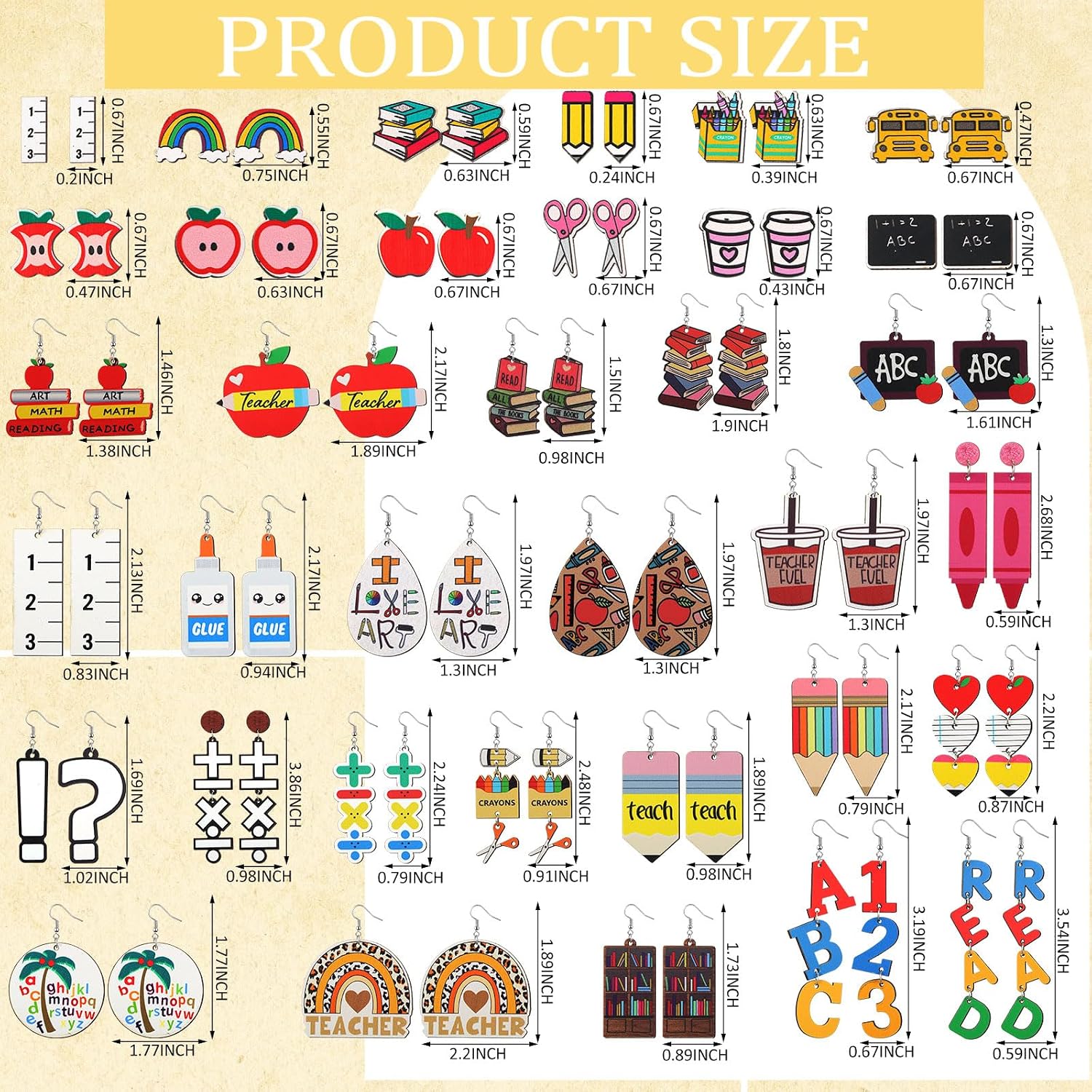 Quelay 36 Pairs Teacher Appreciation Gift Earrings for Women Fun Wooden Teacher Studs Bulk Cute Teacher's Day Dangle Earrings Sets Colorful Pencil Apple Rainbow Jewelry Gift