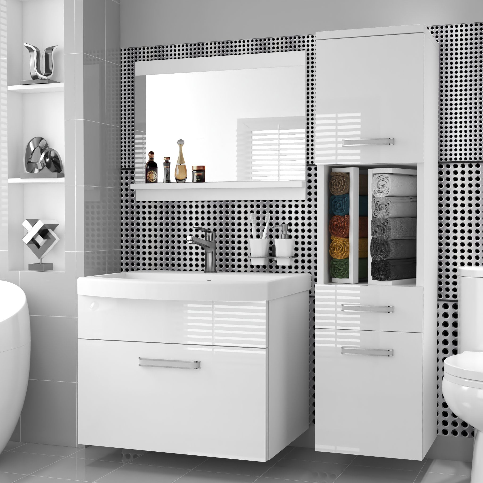 Belini PRIP3 szafka pod umywalkę, 90 cm, biała, wysoki połysk | Meble łazienkowe, błyszczące białe, montaż ścienny, mechanizm soft-close, panel drewniany FSC, umywalka i lustro w zestawie