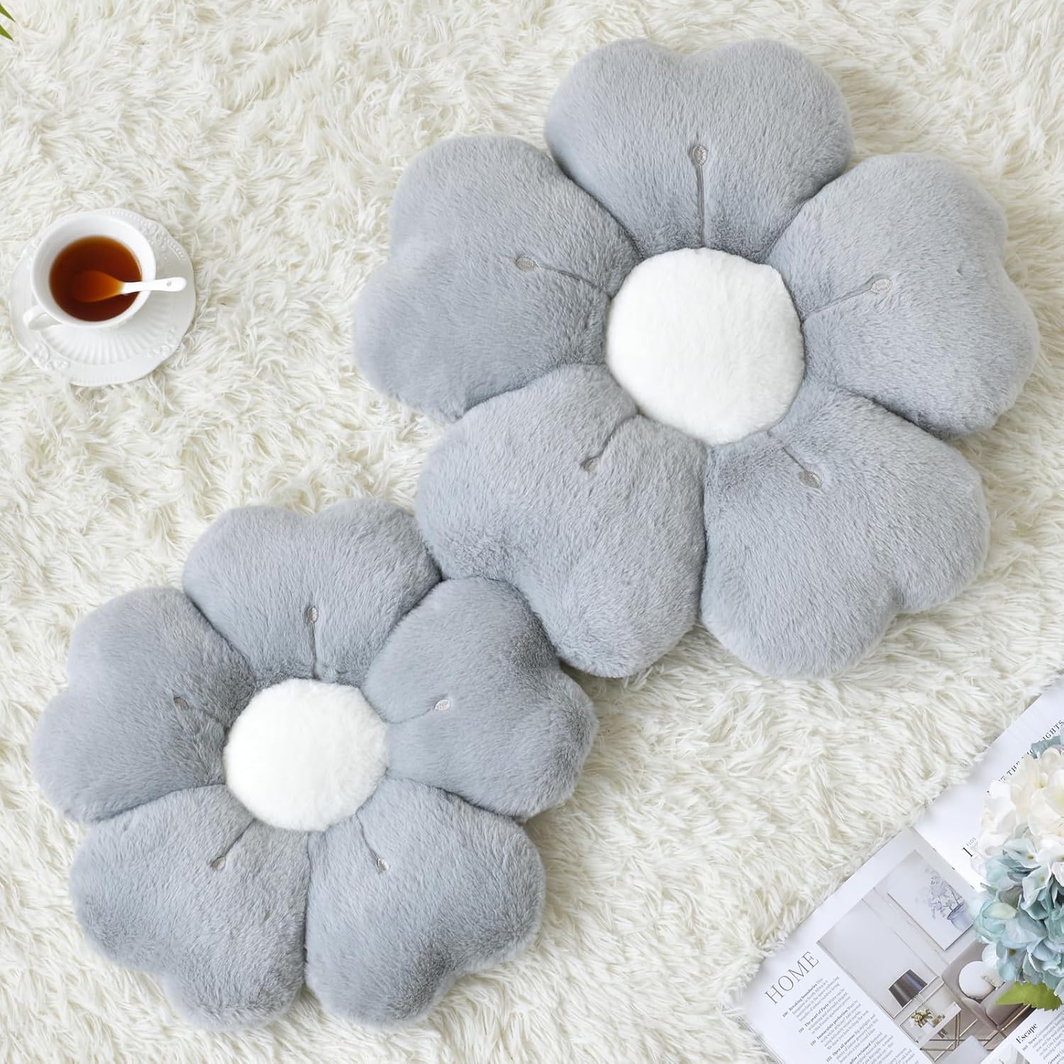 Flower Pillow, Flower Shaped Pillow Decorative Throw Pillows for Bed Couch, Cute Daisy Pillow Dorm Decor Floor Seating Cushion (Grey, 15 Inches) - Image 2