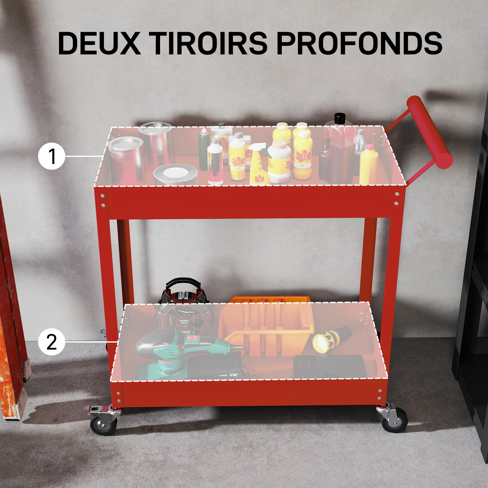DURHAND Chariot d'atelier servante Atelier Chariot à Outils à 2 Niveaux, poignée latérale et roulettes verrouillables, pour Garage, entrepôt, Outils de Bricolage, Charge 150 Kg, 84,5x38x84cm, Rouge