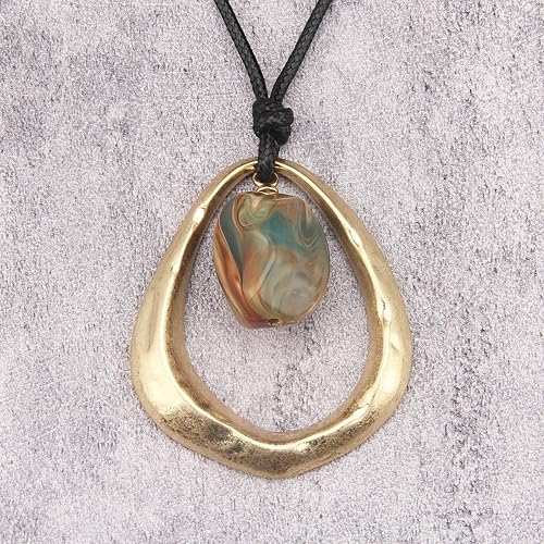 Miniatura 8 de Collares largos bohemios para mujer, collar de cuero vintage con colgante de madera, gargantilla estilo étnico, círculo dorado, hippie, suéter