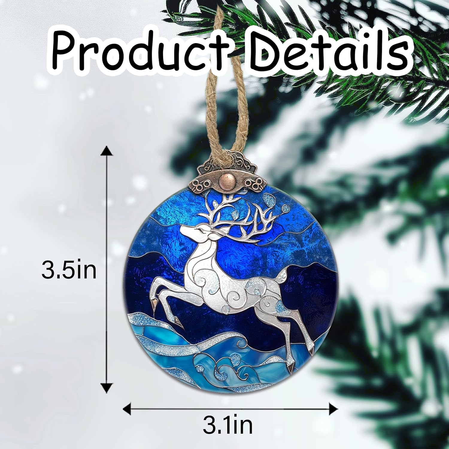 Stained Glass Christmas Decorations, White Elk Suncatcher for Window Christmas Tree Hanging Ornaments Sika Deer Blue Sun Catcher Xmas Decor Gifts for Women Men Mom Nana Friend - Image 6