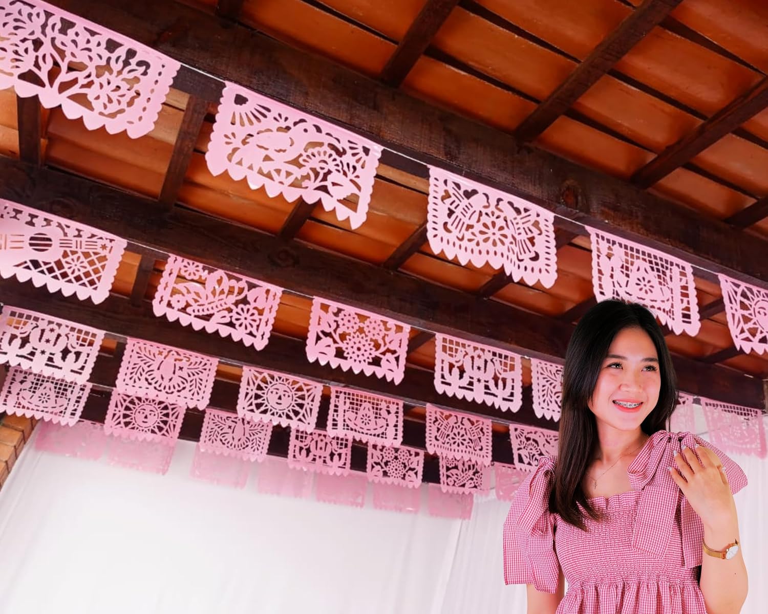 Papel Picado Banner Plastic (Light Pink) Mexican banners for fiesta party, Fiestas flags for Bridal, Weddings, Baby Showers, Birthdays Pastel Pink 3 Pack