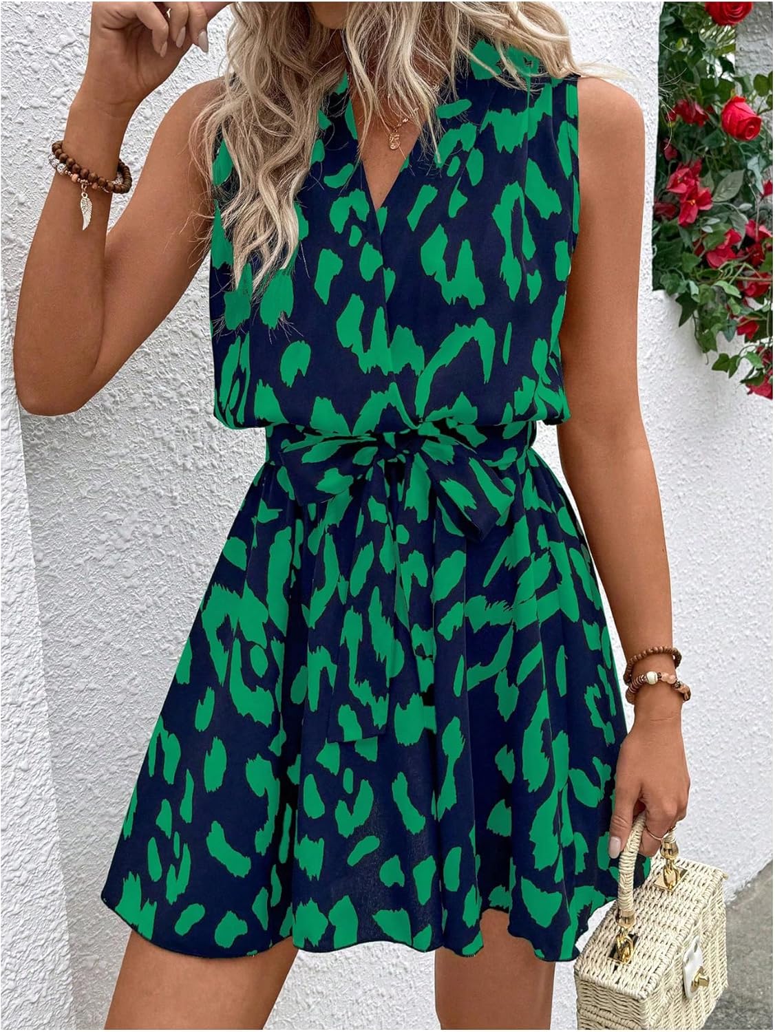 SOLY HUX Women's Summer Dress Printed Sleeveless V Neck Wrap A Line Flowy Belted Vacation Short Dresses - Image 5