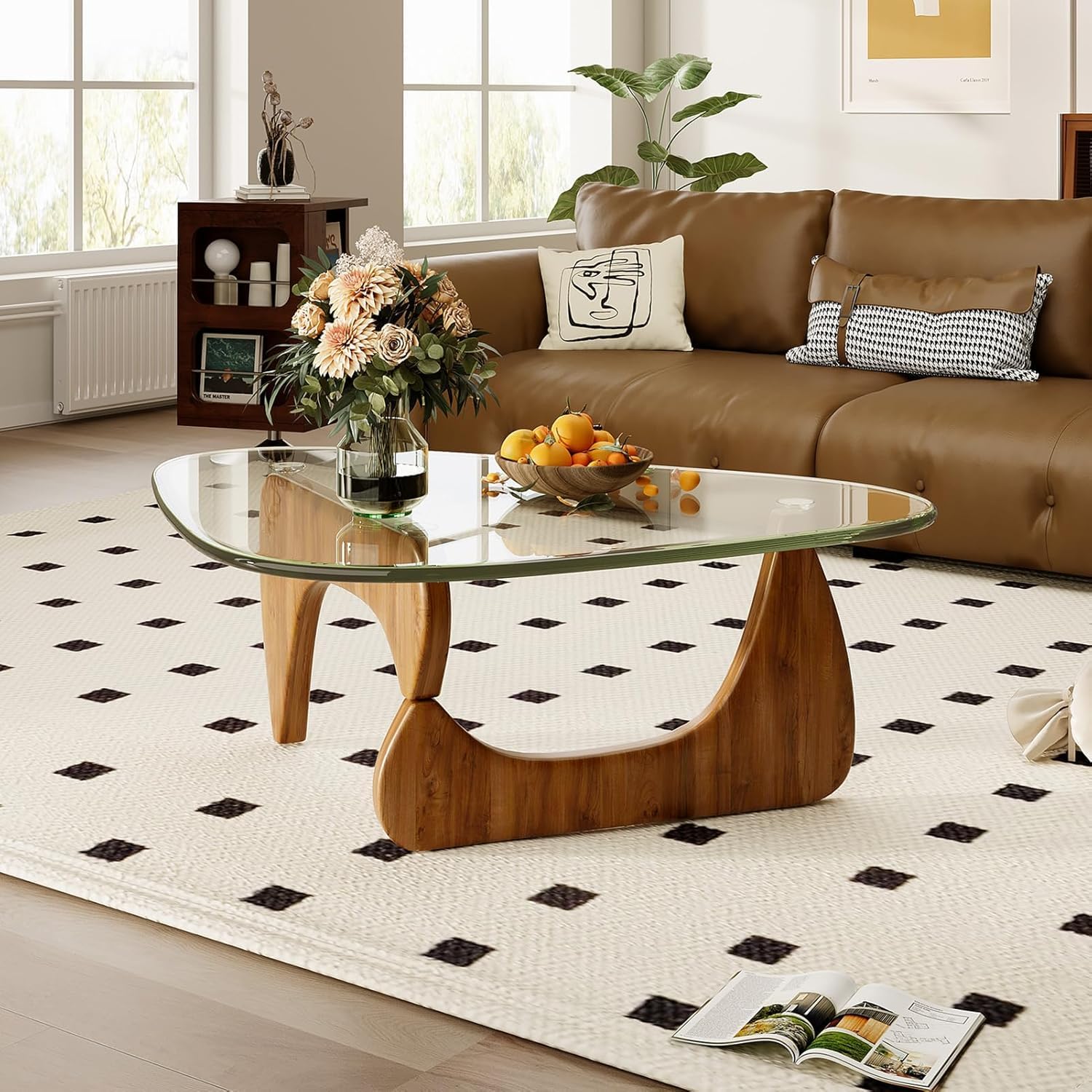 Coffee Tables for Living Room, Triangle Glass Coffee Table with Wooden Base Mid-Century Modern Abstract Center Table for Study Room Office Hotel