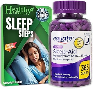 Equate Sleep-Aid Diphenhydramine HCI 25 mg 365 Caplets and Vital Volumes Sleep Steps Tips Card