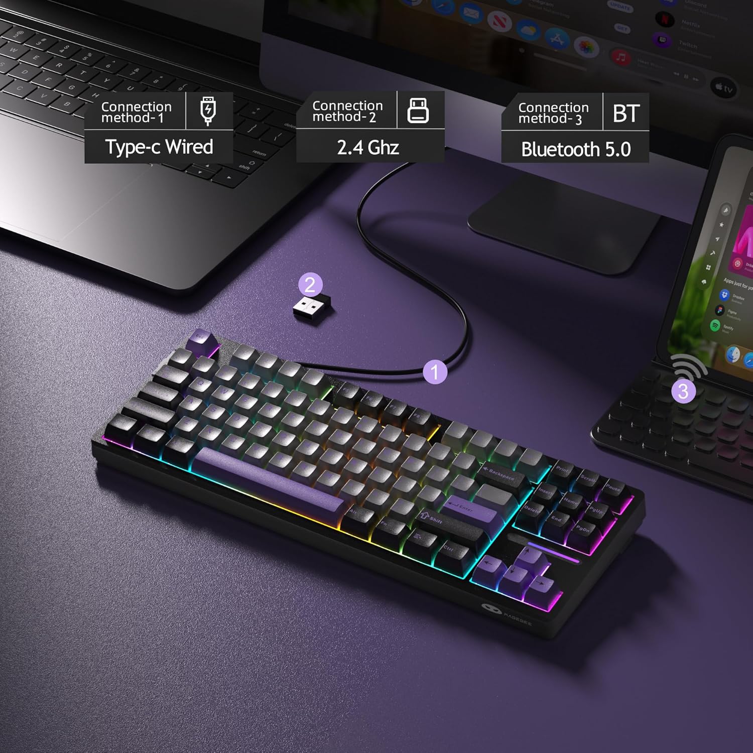 MageGee LIGHT87 Wireless Creamy Keyboard, Gasket Structure Hot Swappable Mechanical Keyboards, 2.4G/USB-C/BT5.0 RGB Backlit Gaming Keyboard for Win/Mac/PC, 4000mAh Battery, PBT Keycaps, Purple