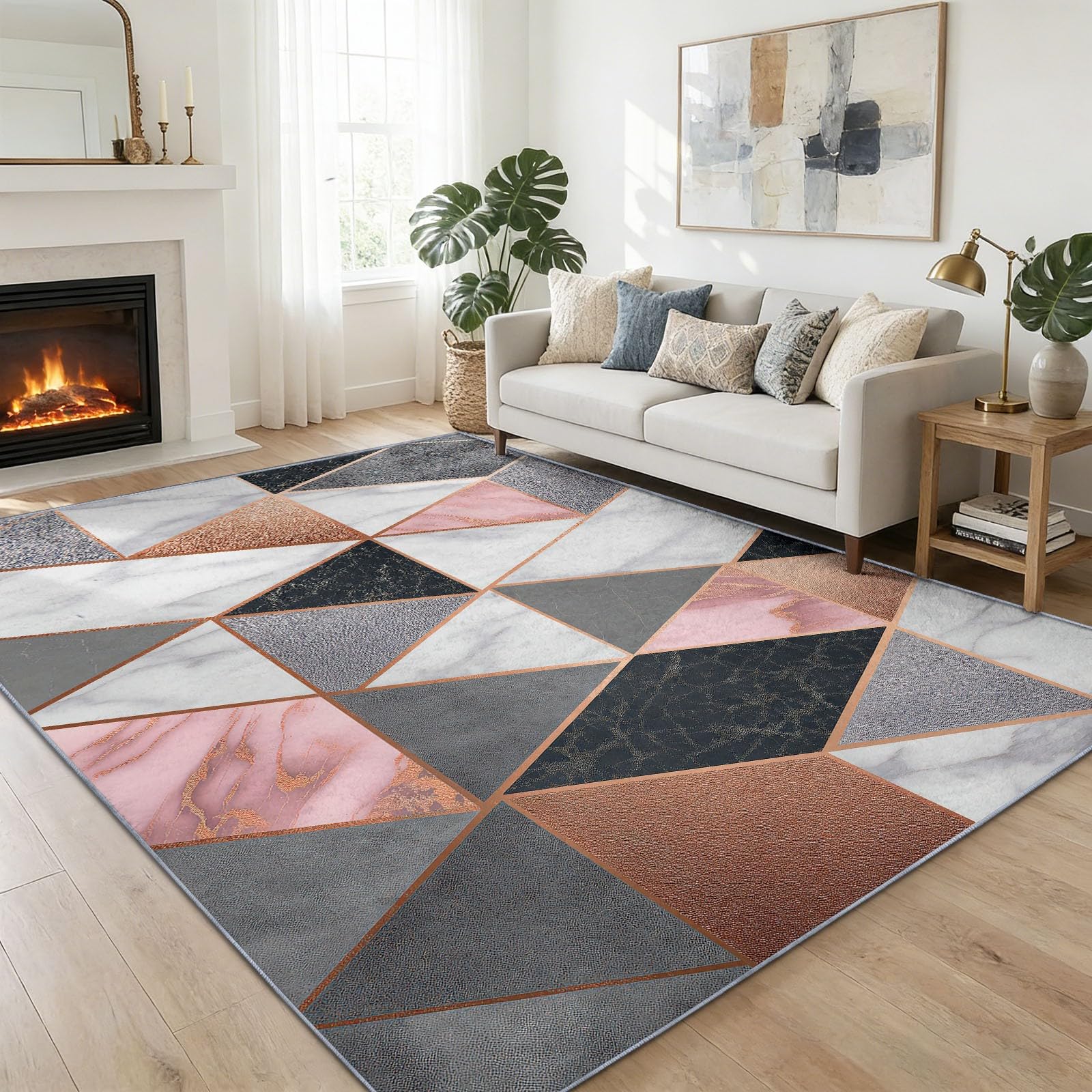 Teppich Wohnzimmer Geometrisches Dreieck aus Marmor 60x120cm Waschbare Kurzflor Teppiche Großer rutschfest Carpet, für Schlafzimmer, Büro, Kinderzimmer Druck Teppich