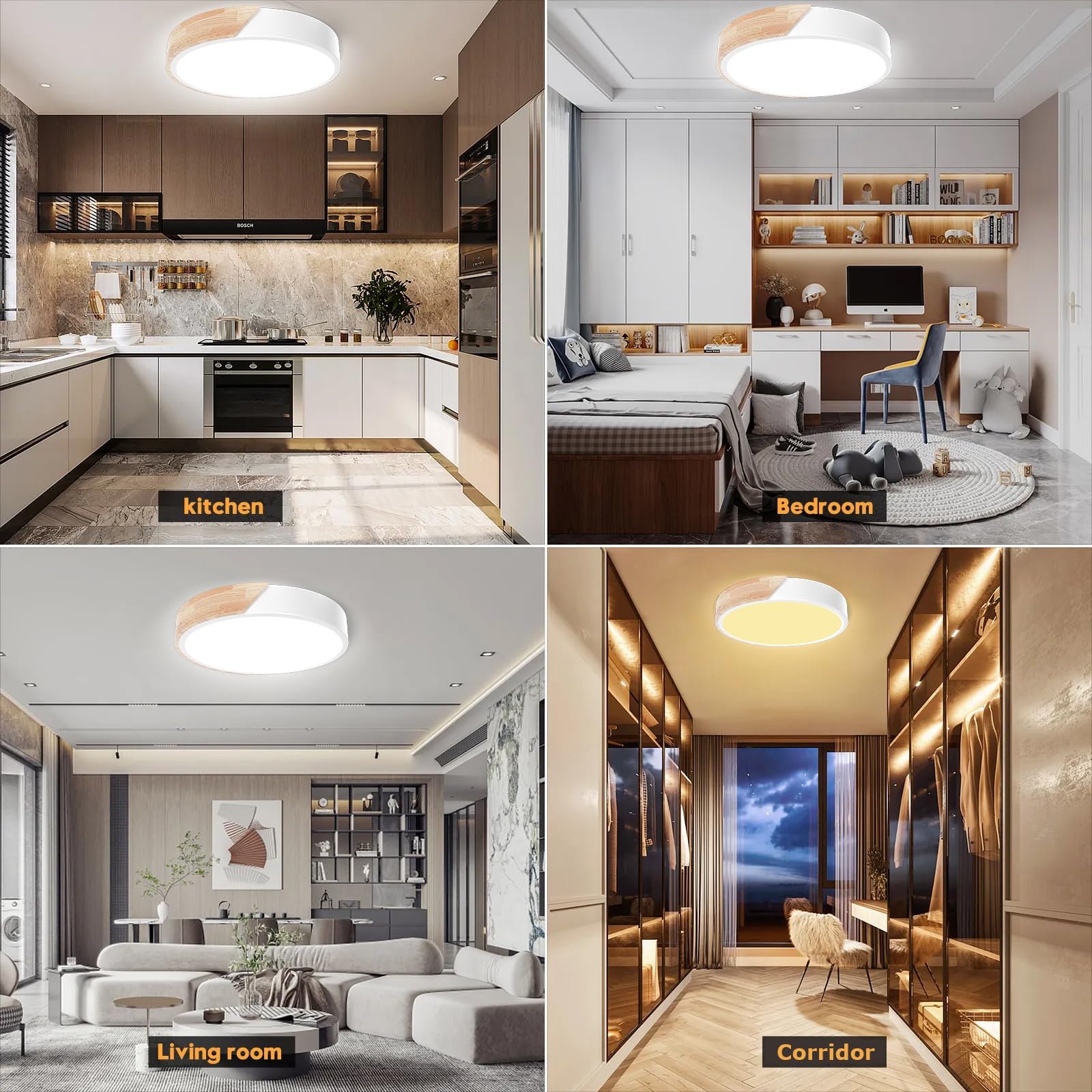 Yexati Plafón LED Redondo de Madera, 32W 6000K/4000K/3000K,3200LM, IP44 Lámpara de Techo Regulable con Mando a Distancia,Lampara LED Techo Modernos de Madera con para Baño, Cocina, Balcón, Blacnco