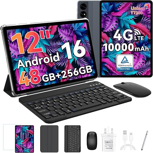 12 Inch Tablet, 2.5K(2400x1600)90Hz Android 16 Tablet Large Screen, For Gaming, Drawing And Painting, 48GB+256GB, 10000mAh/18W, 16+8MP, Octa Core T7280 Tablets with Keyboard,Mouse&Pen, 4 year Warranty