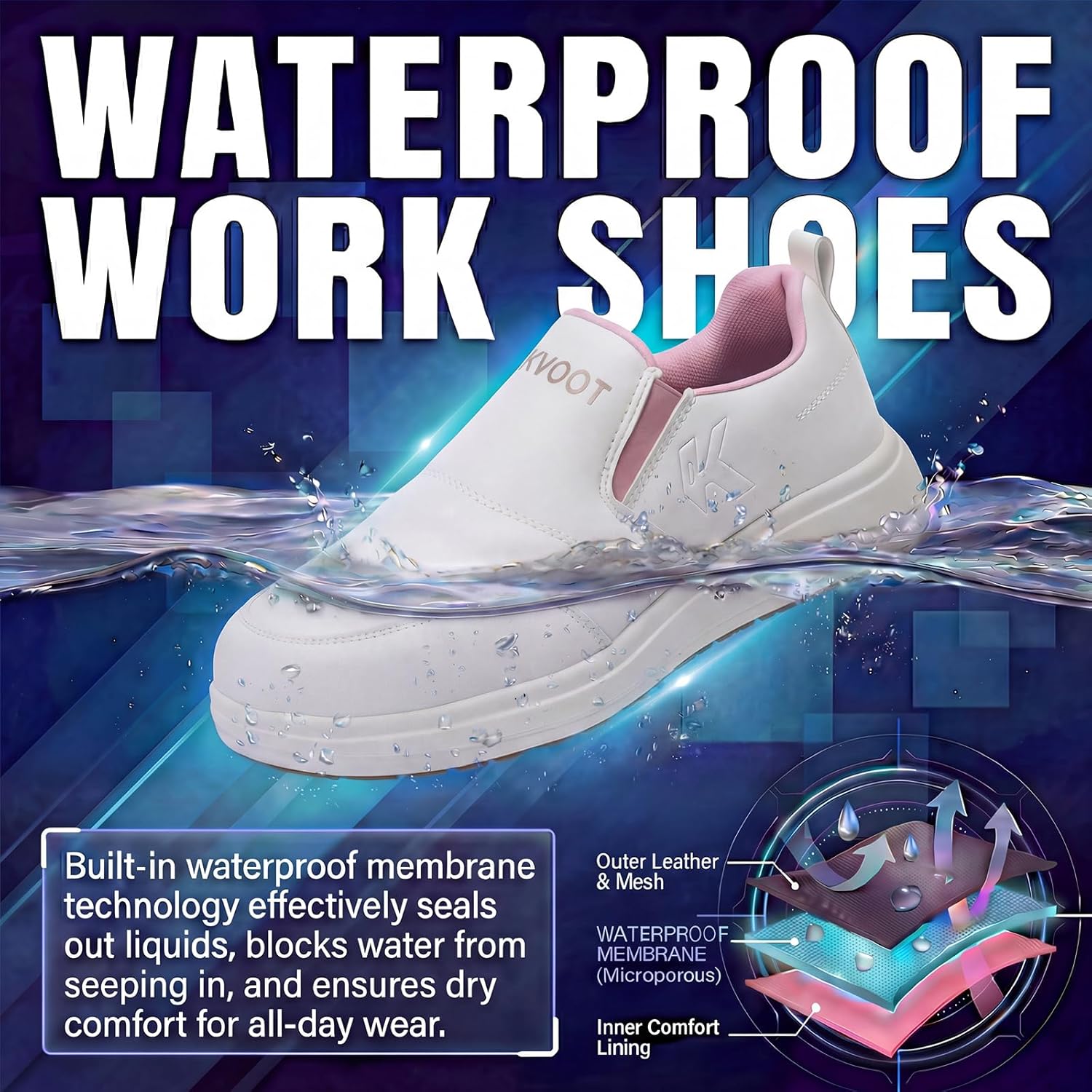 Slip-On Waterproof Non-Slip Wide Width Shoes for Women with Arch Support, Oil Resistant Lightweight Work Sneakers for Kitchen, Restaurant, Chefs, Food Service & Nursing Staff - Image 2