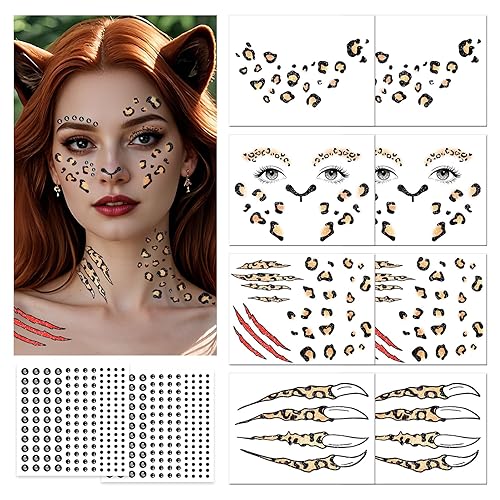Cerlaza Halloween Decorations, Clown + Leopard Face Makeup Temporary Tattoos with Black Red Faces Gems, Horror Scary Tattoo Stickers, Halloween Costume Party Favors Accessories