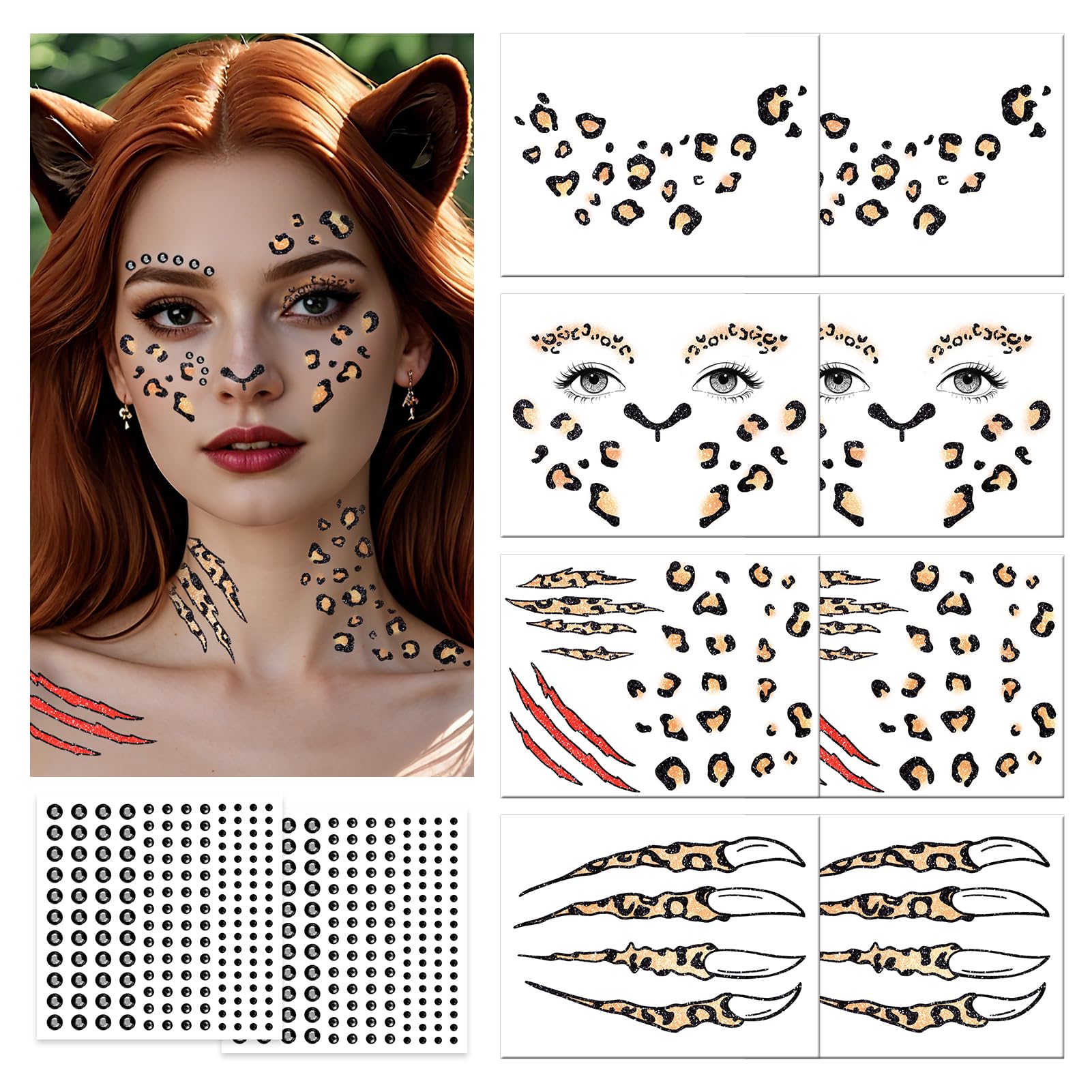 Halloween Leopard Face Paint Temporary Tattoos+Black Face Gems Jewels Leopard Face Tattoos