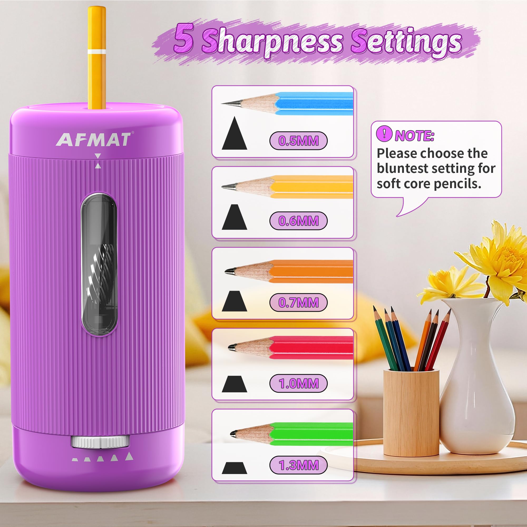 AFMAT Sacapuntas eléctrico, entrada y salida automática, 5 puntas, sacapuntas totalmente automático para aula, sacapuntas manos libres recargables para lápices n.º 2/jumbo/colores (φ6.5-12 mm) PSC3