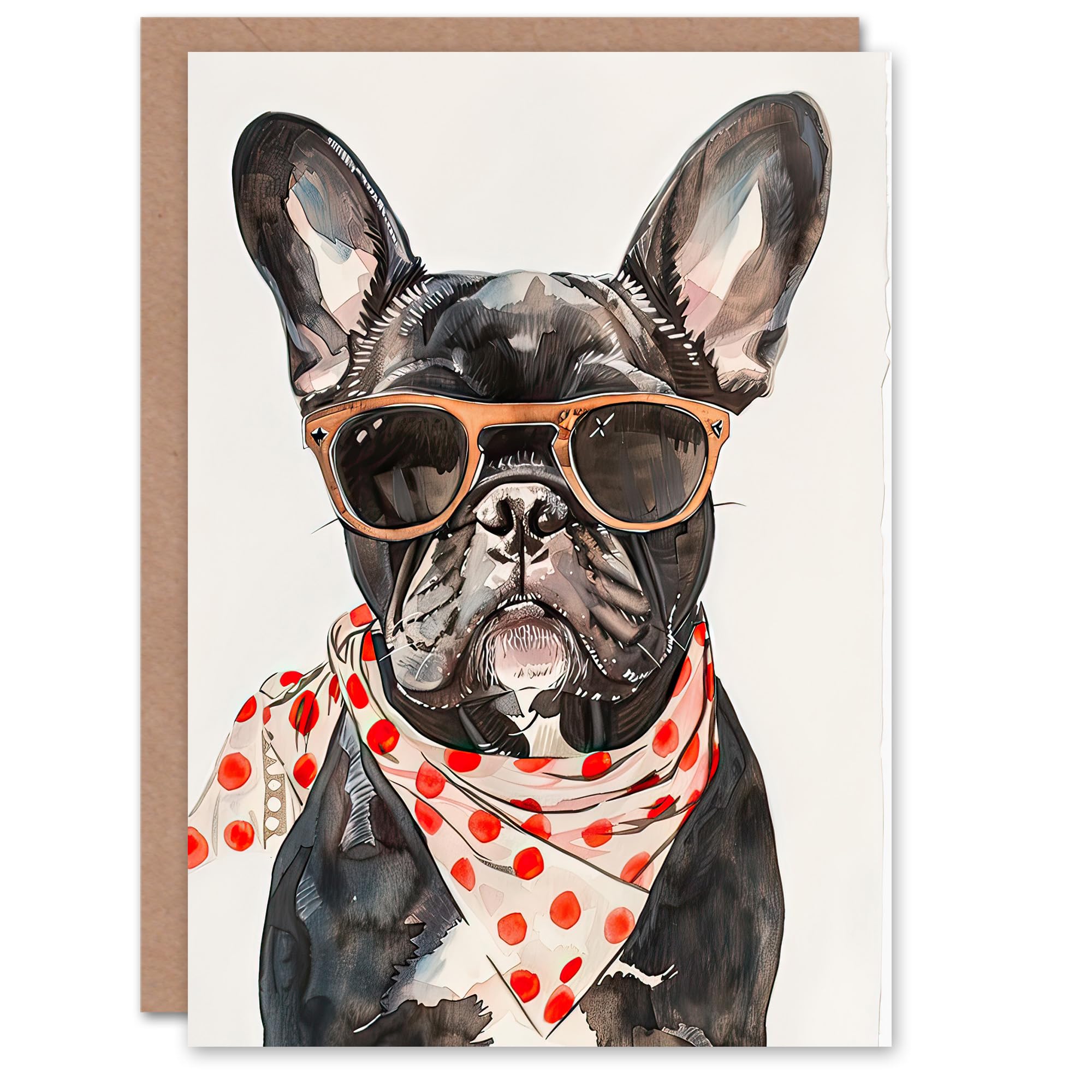 Artery8 Greeting Card Dog Lover French Bulldog with Sunglasses Bandana Blank For Him Or Her Art Birthday Card