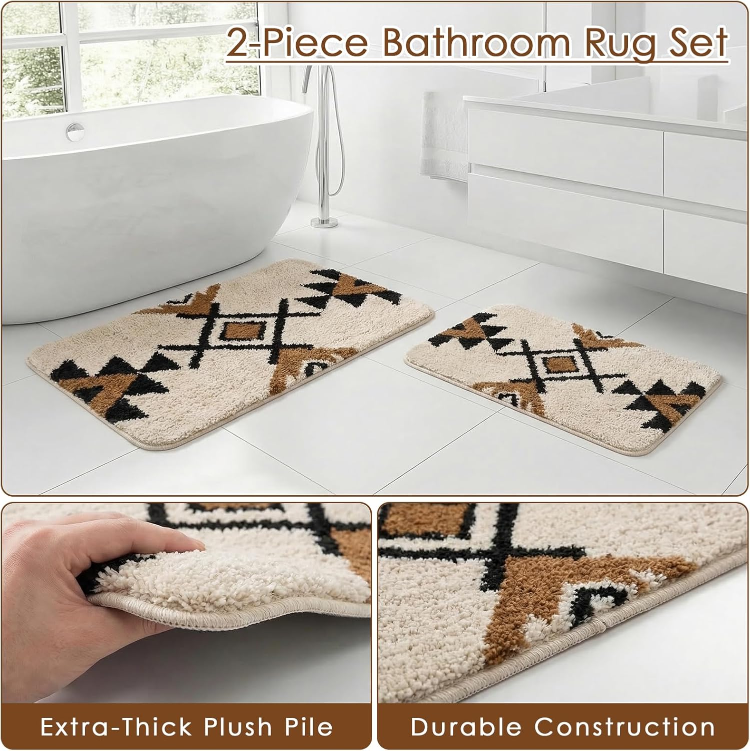 Arttown White Boho Aztec Vintage Bathroom Rug Set 2 Piece Fluffy Microfiber Bathroom Mat Non-Slip Water Absorbent Bath Rug Soft Washable Floor Rug for Tub Showers Laundry Room Decor (16"x24"+20"x32")