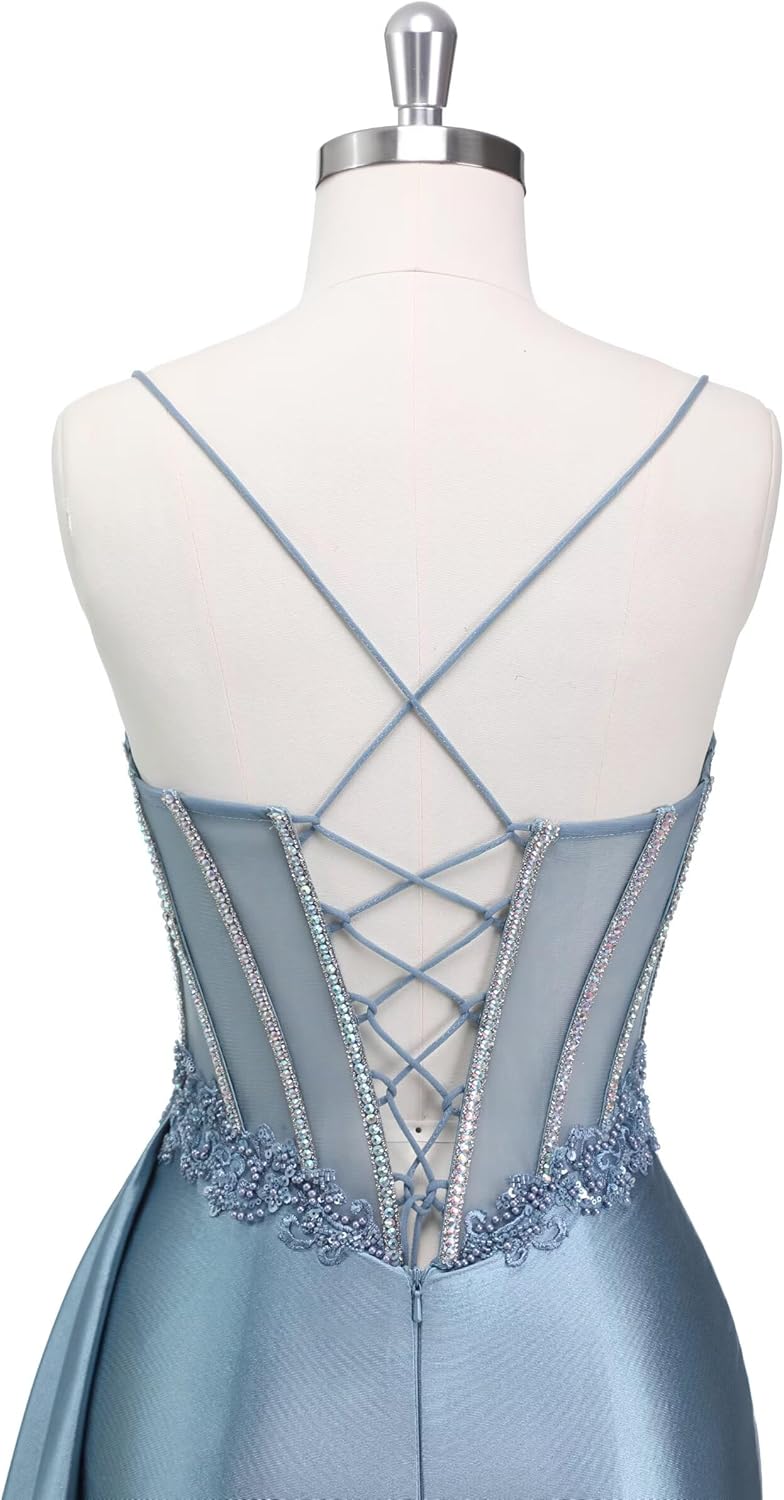 Beaded Satin Prom Dresses Long Mermaid Evening Dresses Lace Applique Corset Formal Party Gown with Slit Tail - Image 4