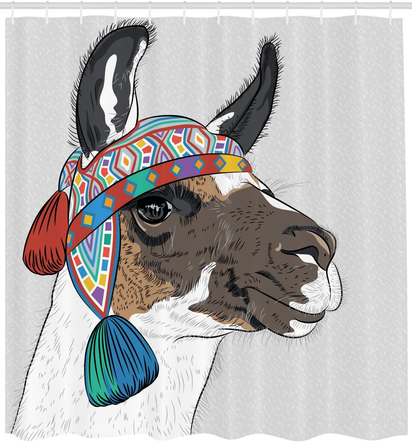 Ambesonne Llama Shower Curtain, Alpaca an Colorful Hat Peruvian Sketch Style Animal Abstract Pattern, Cloth Fabric Bathroom Decor Set with Hooks, 69" W x 70" L, Pale Grey Multicolor
