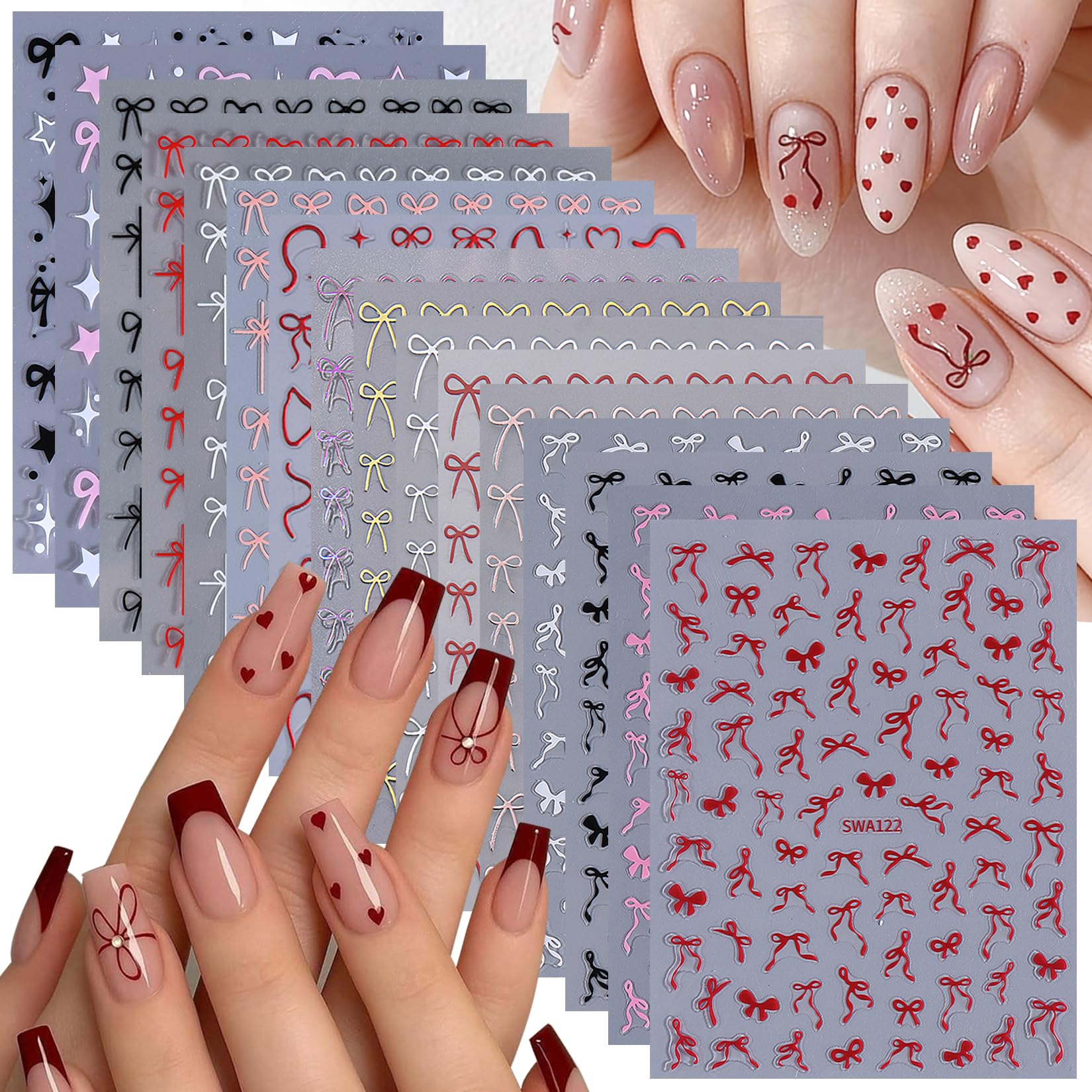 STZPRONAIL Bow Nail Art Stickers Decals 16 Sheets Red Ribbon Stickers for Nai...