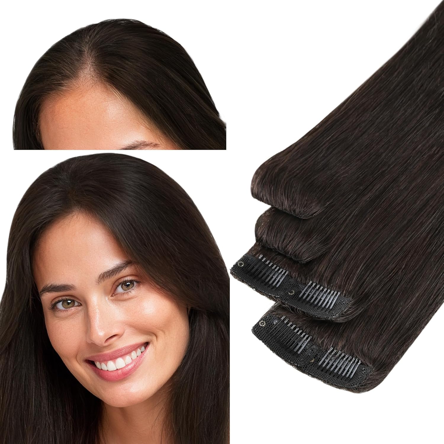 GOO GOO Scalp Hair Fill Ins, Clip in Hair Extensions, Human Hair Pieces for Women With Thinning Hair, #2 Dark Brown, 18inch 30g 4Pcs